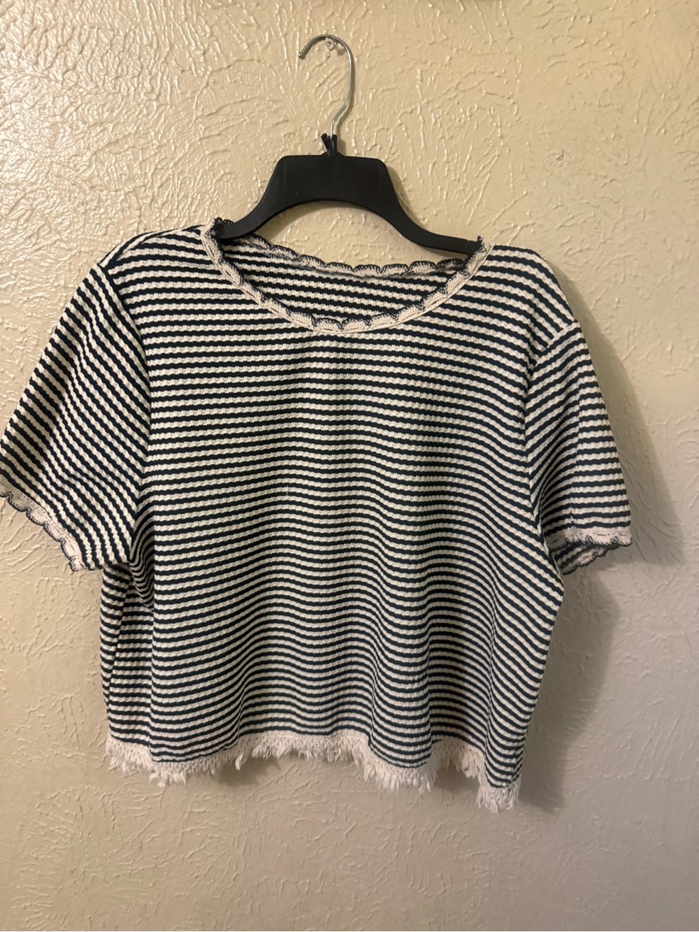 Striped Short-Sleeve Textured Top in Black and White, Frayed Hem detail
